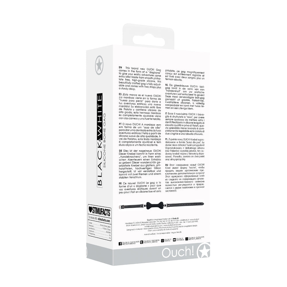 OUCH! BLACK & WHITE SILICONE BONE GAG WITH ADJUSTABLE BONDED LEATHER STRAPS BLACK