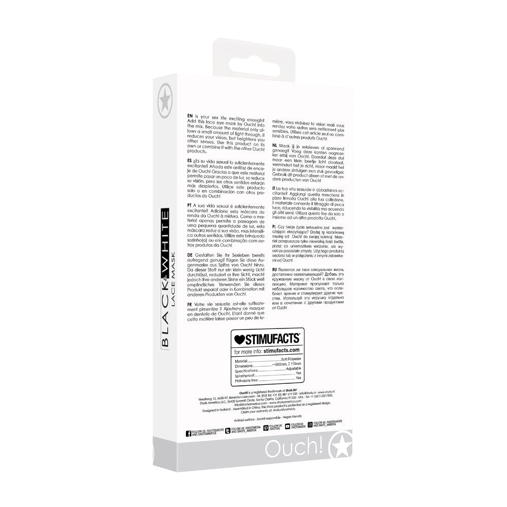 OUCH! BLACK & WHITE LACE MASK WITH ELASTIC STRAPS BLINDFOLD BLACK