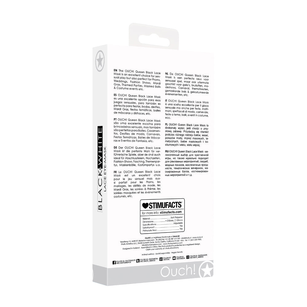 SHOTS - OUCH! BLACK & WHITE QUEEN LACE EYE MASK BLACK