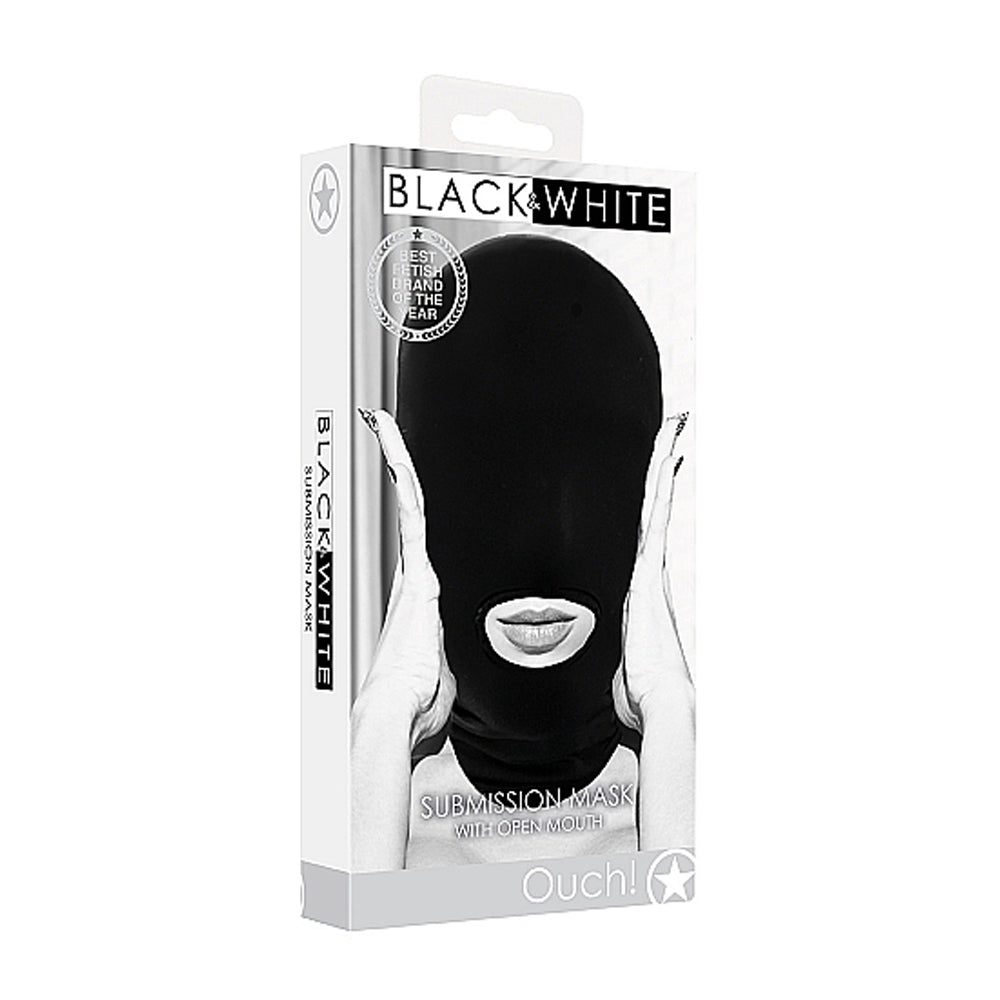 OUCH! BLACK & WHITE SUBMISSION MASK WITH OPEN MOUTH BLACK