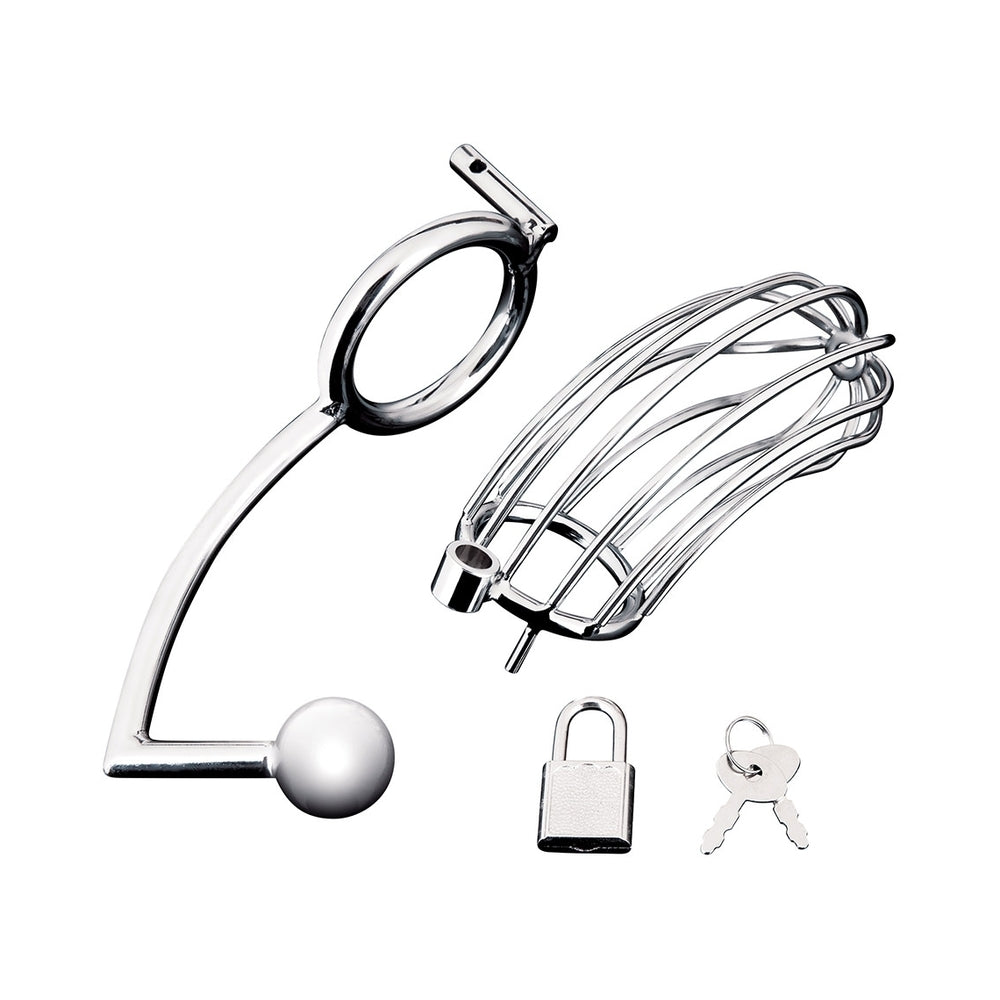 BLUE LINE COCK CAGE WITH ANAL STIMULATOR SILVER