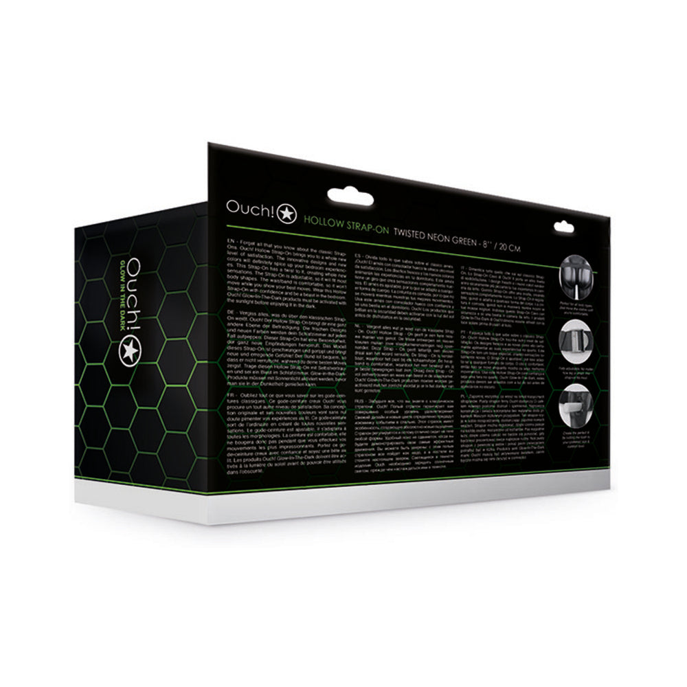 OUCH! TWISTED 8 IN. GLOW IN THE DARK HOLLOW STRAP-ON NEON GREEN