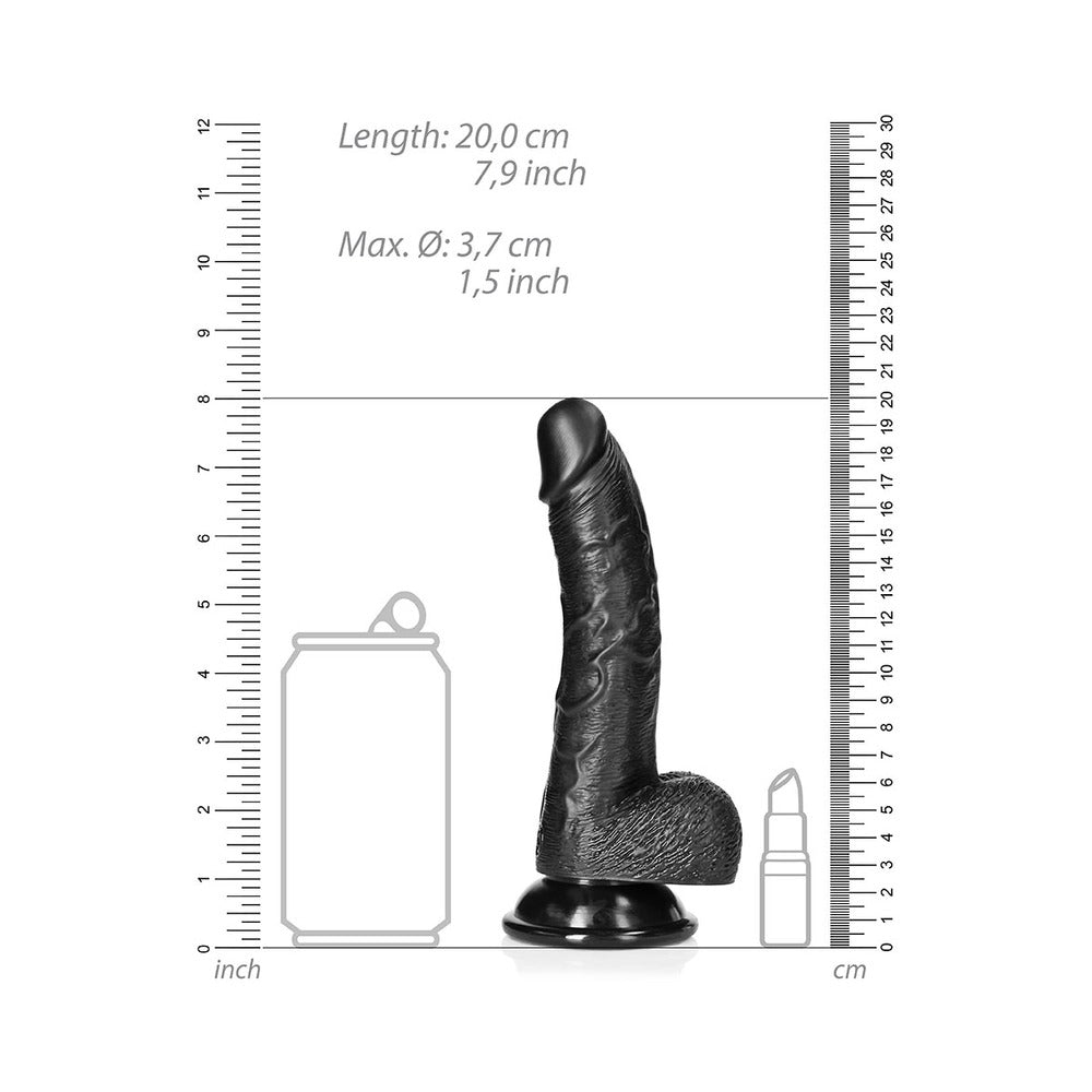 REALROCK REALISTIC 7 IN. CURVED DILDO WITH BALLS AND SUCTION CUP BLACK