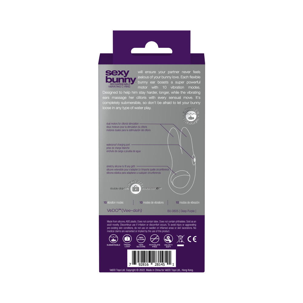 VEDO - SEXY BUNNY RECHARGEABLE VIBRATING C-RING DEEP PURPLE
