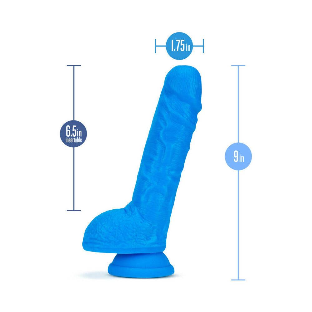 BLUSH - NEO 9 IN. DUAL DENSITY DILDO WITH BALLS NEON BLUE