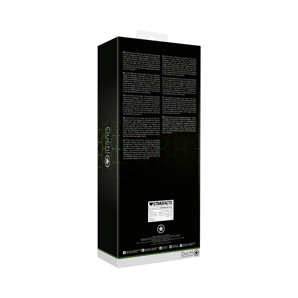 OUCH! GLOW IN THE DARK 5-PIECE BONDED LEATHER THIGH & HANDCUFFS WITH BELT RESTRAINT NEON GREEN L/XL