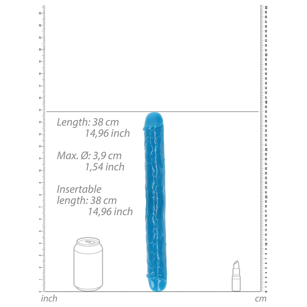 SHOTS - REALROCK DOBLE PENE QUE BRILLA EN LA OSCURIDAD 15 PULG. DILDO DE DOBLE EXTREMO AZUL NEÓN
