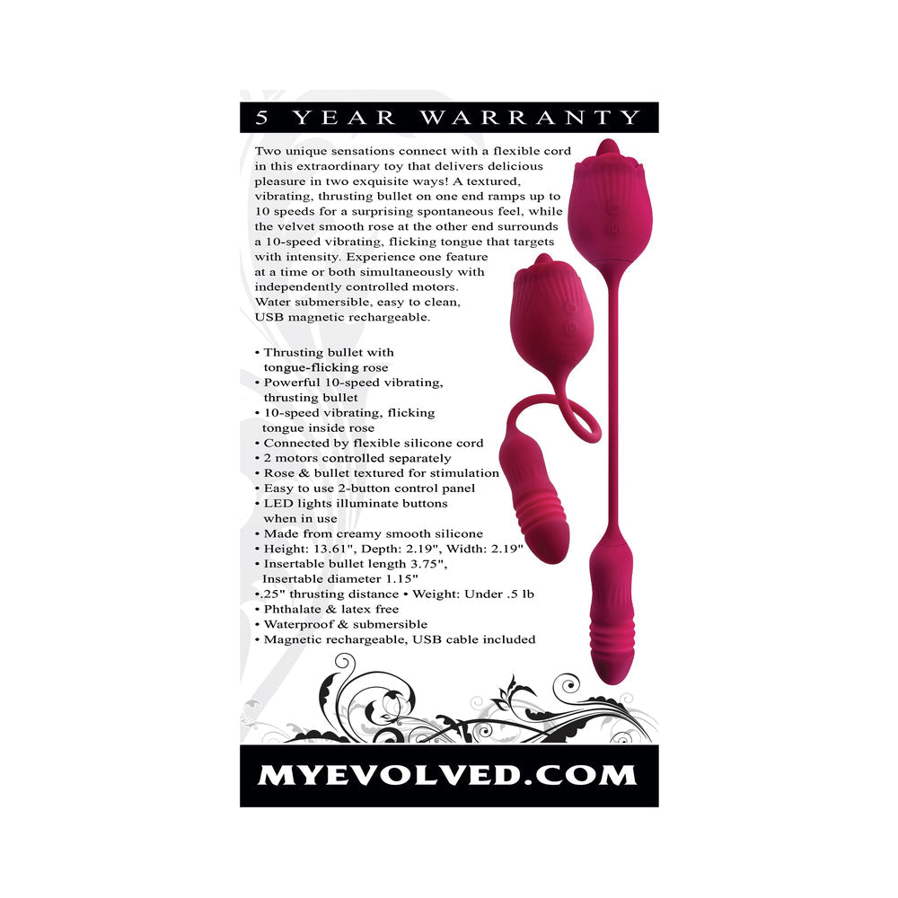 EVOLVED WILD ROSE RECHARGEABLE DUAL-ENDED SILICONE THRUSTING EGG & FLICKING TONGUE VIBRATOR RED