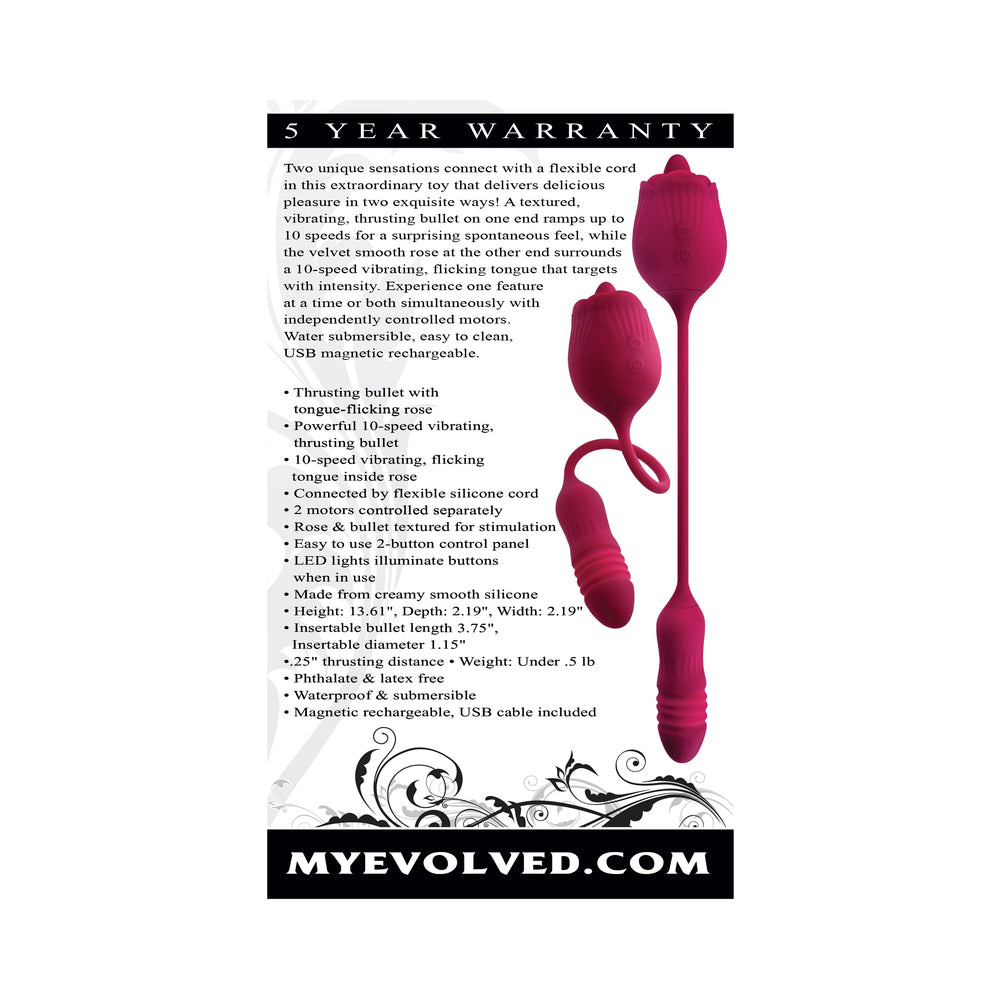EVOLVED - WILD ROSE VIBRADOR RECARGABLE DE DOBLE EXTREMO DE SILICONA CON HUEVO DE EMPUJE Y LENGUA VIBRADORA ROJO