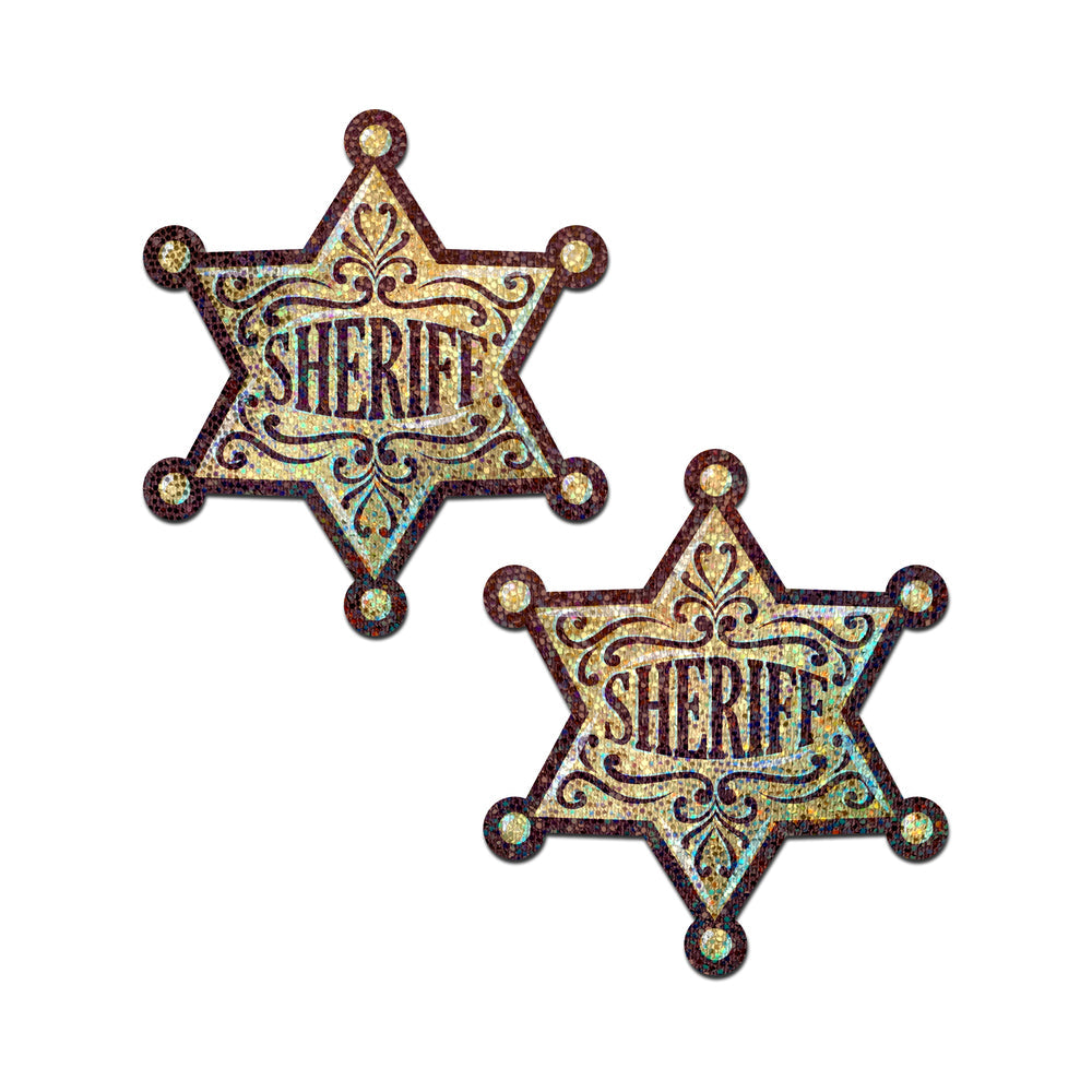 PASTEASE - ESTRELLA DE SHERIFF: PEZONERAS EN FORMA DE INSIGNIA DE SHERIFF DORADA CON BRILLOS