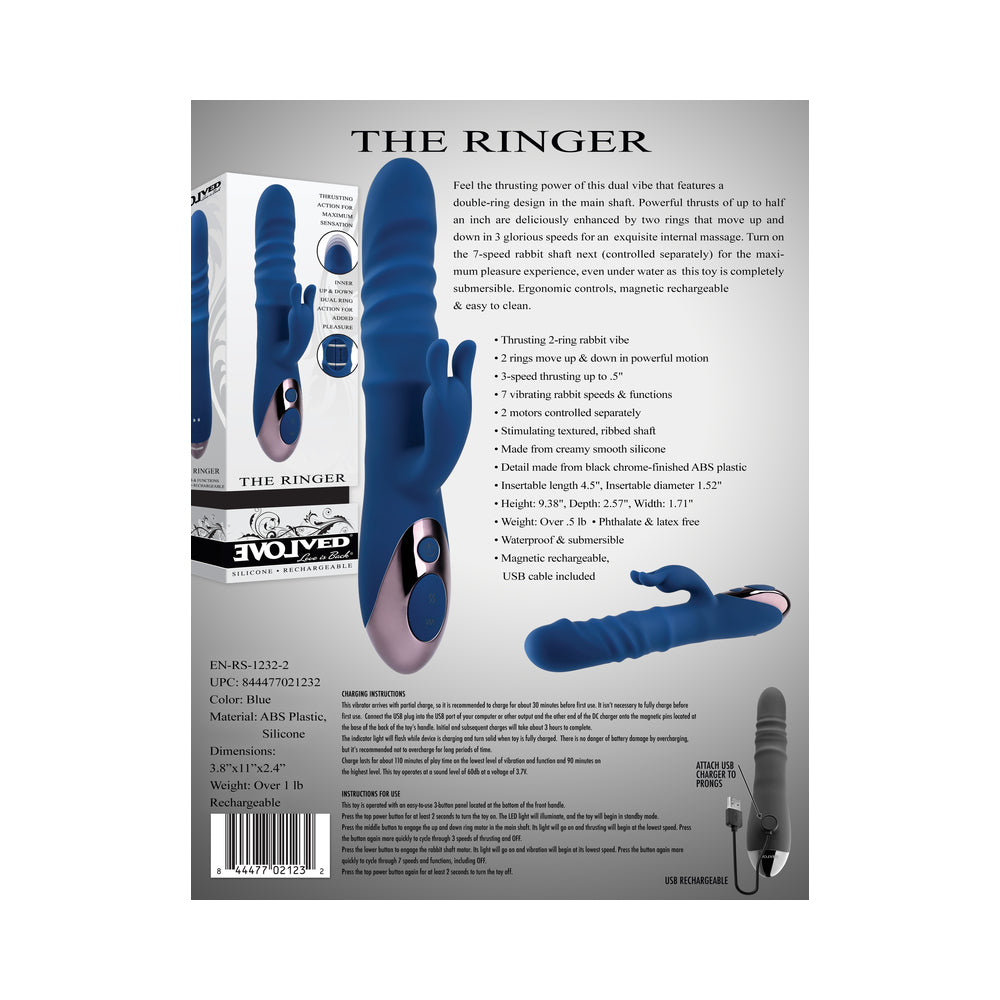 EVOLVED THE RINGER RECHARGEABLE THRUSTING SILICONE RABBIT VIBRATOR BLUE