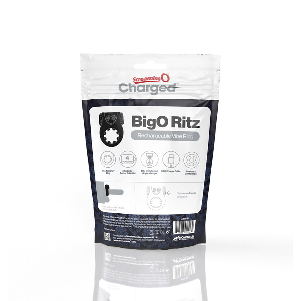 SCREAMING O CHARGED BIG O RITZ RECHARGEABLE VIBRATING SILICONE COCKRING BLACK