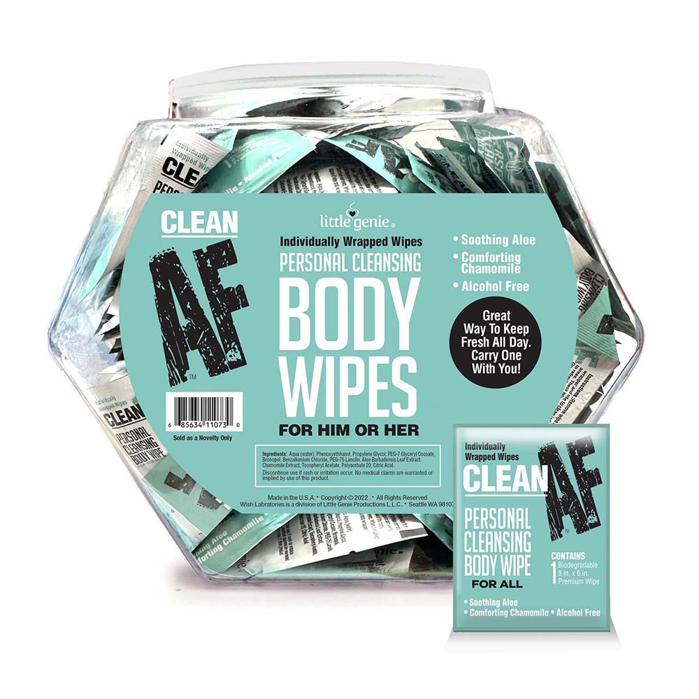 LITTLE GENIE - CLEAN AF INDIVIDUALLY WRAPPED PERSONAL CLEANING BODY WIPES 96-PIECE FISHBOWL DISPLAY