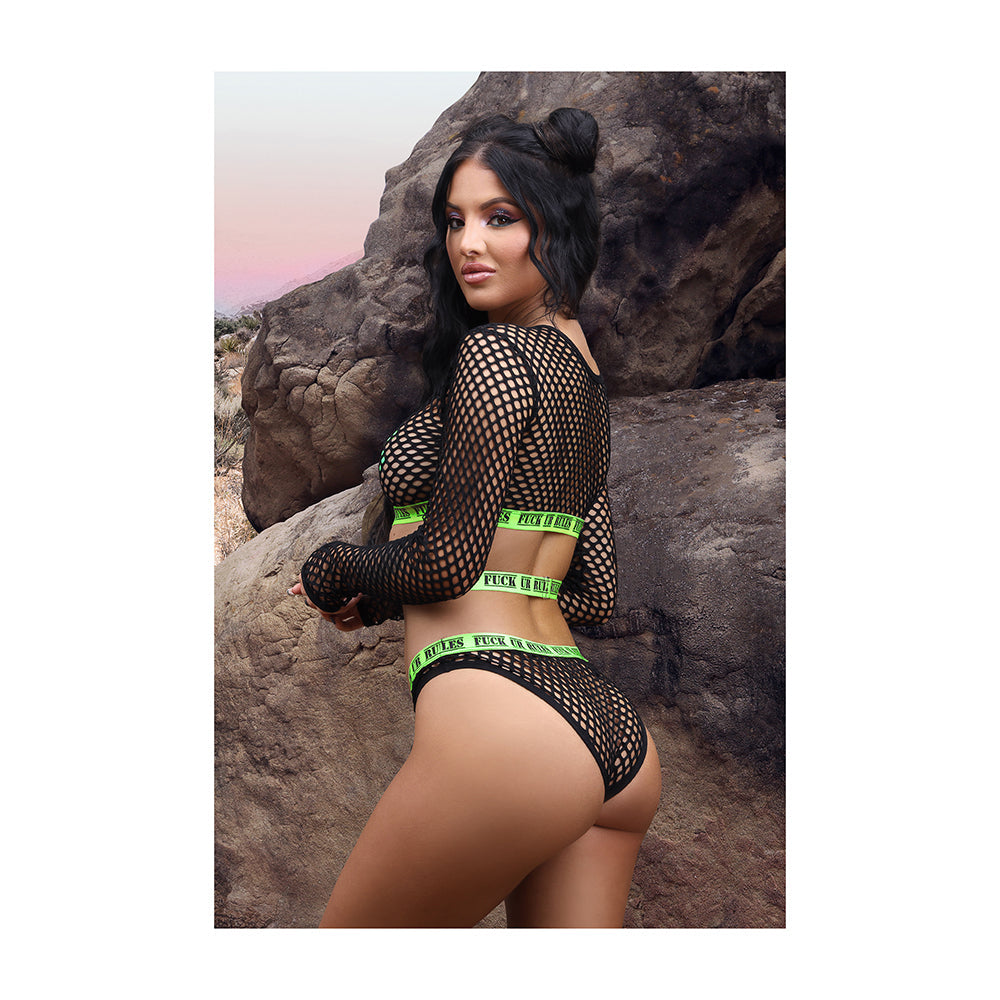VIBES FUCK UR RULES UV REACTIVE LONGSLEEVE FISHNET TOP, PANTY, PASTIES BLACK M/L