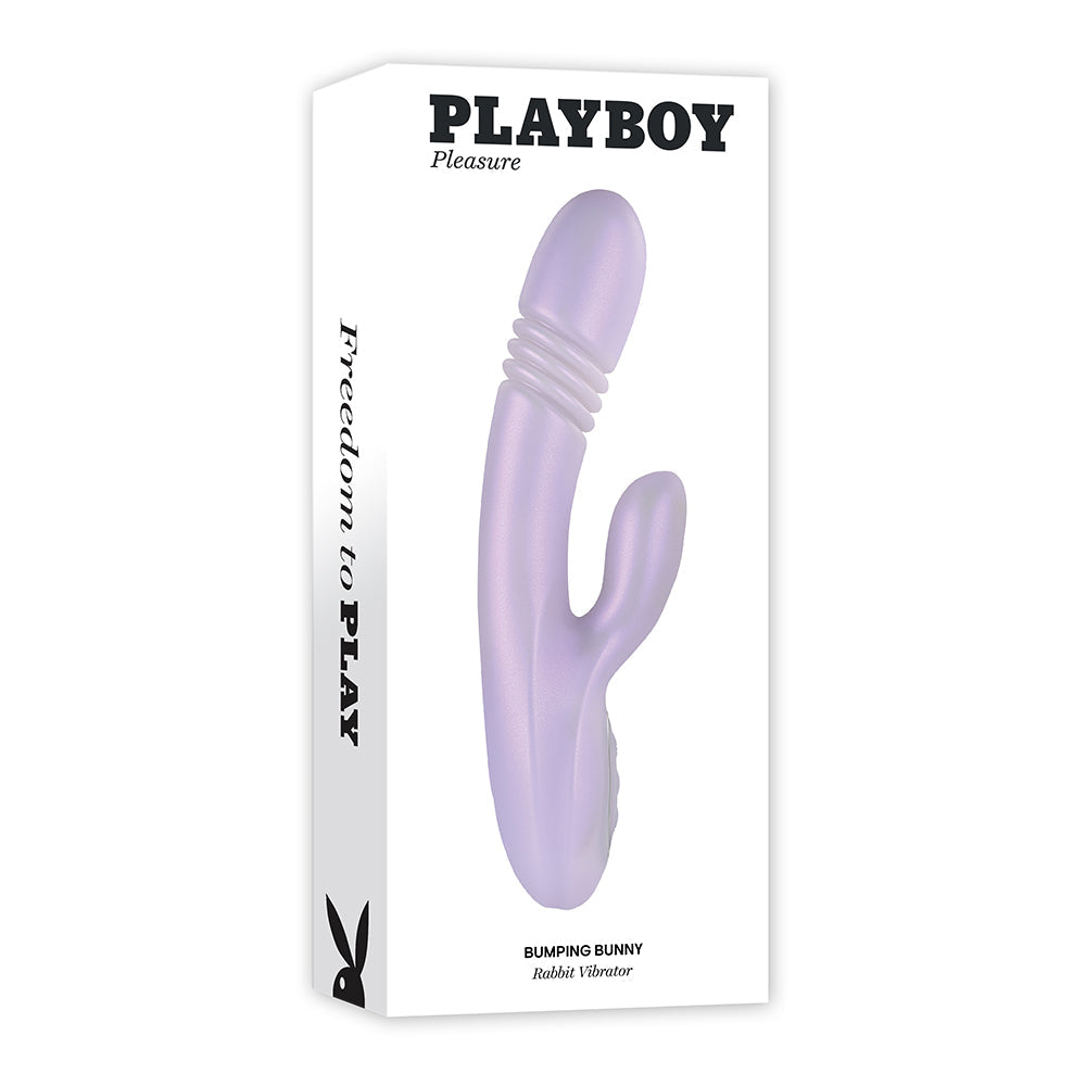 PLAYBOY BUMPING BUNNY RECHARGEABLE THRUSTING WARMING SILICONE DUAL STIMULATION VIBRATOR OPAL