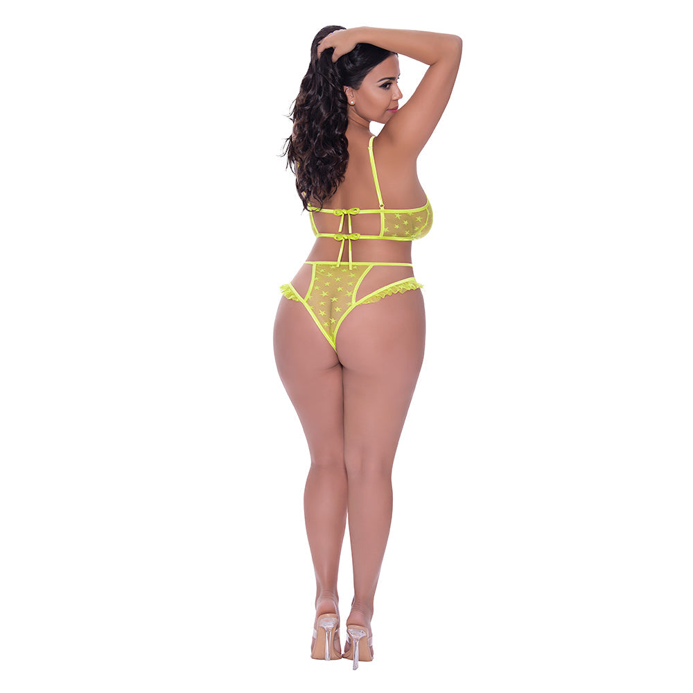 MAGIC SILK - LOVE STAR HALTER CROP BRA & CHEEKY PANTY SET NEON CHARTREUSE QUEEN SIZE