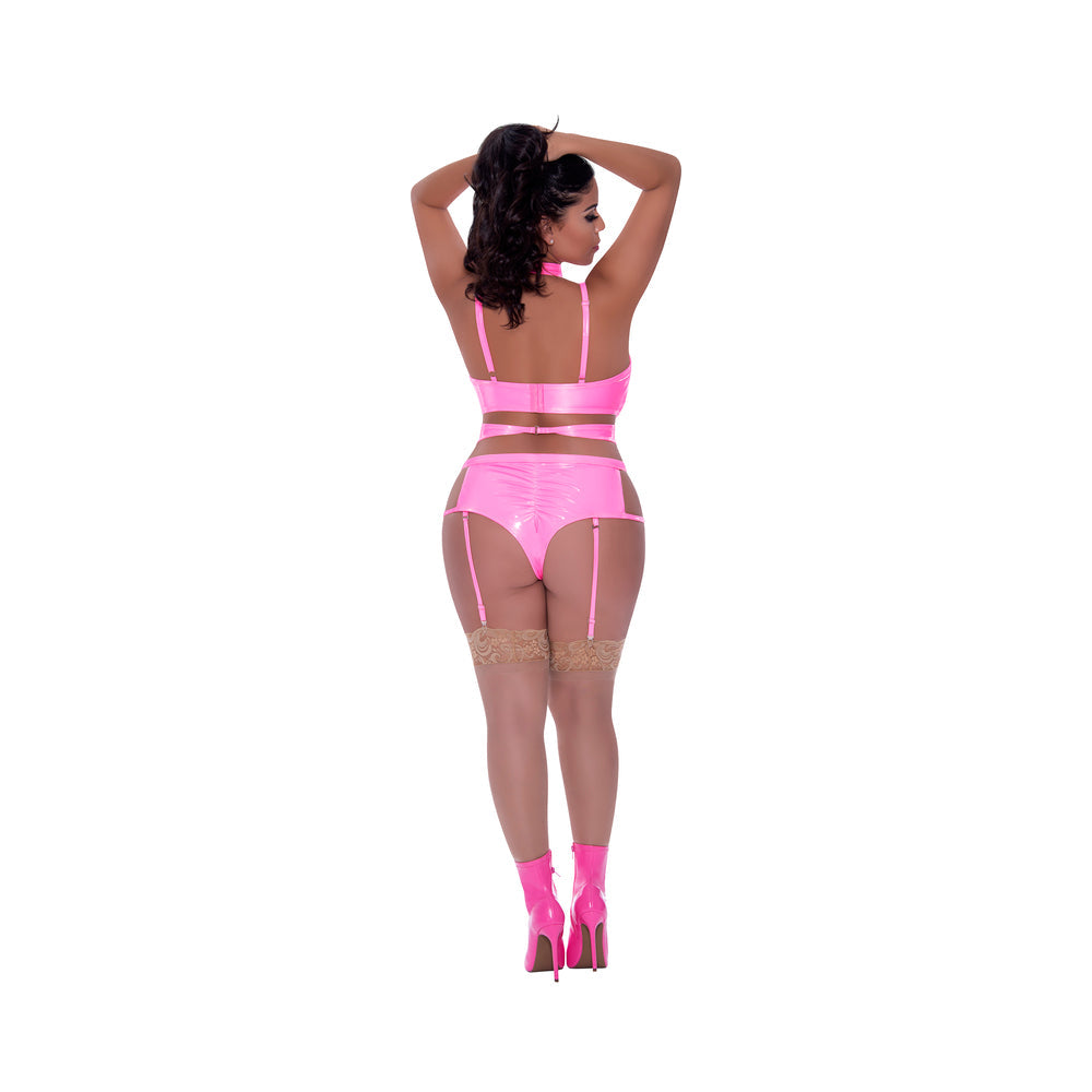 MAGIC SILK HARD CANDY DEMI BRA, HARNESS & GARTER PANTY PINK QUEEN SIZE