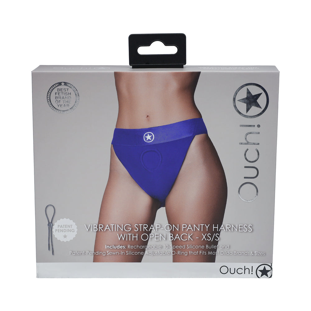 SHOTS - OUCH! VIBRATING STRAP-ON PANTY HARNESS WITH OPEN ROYAL BLUE BLACK XS/S