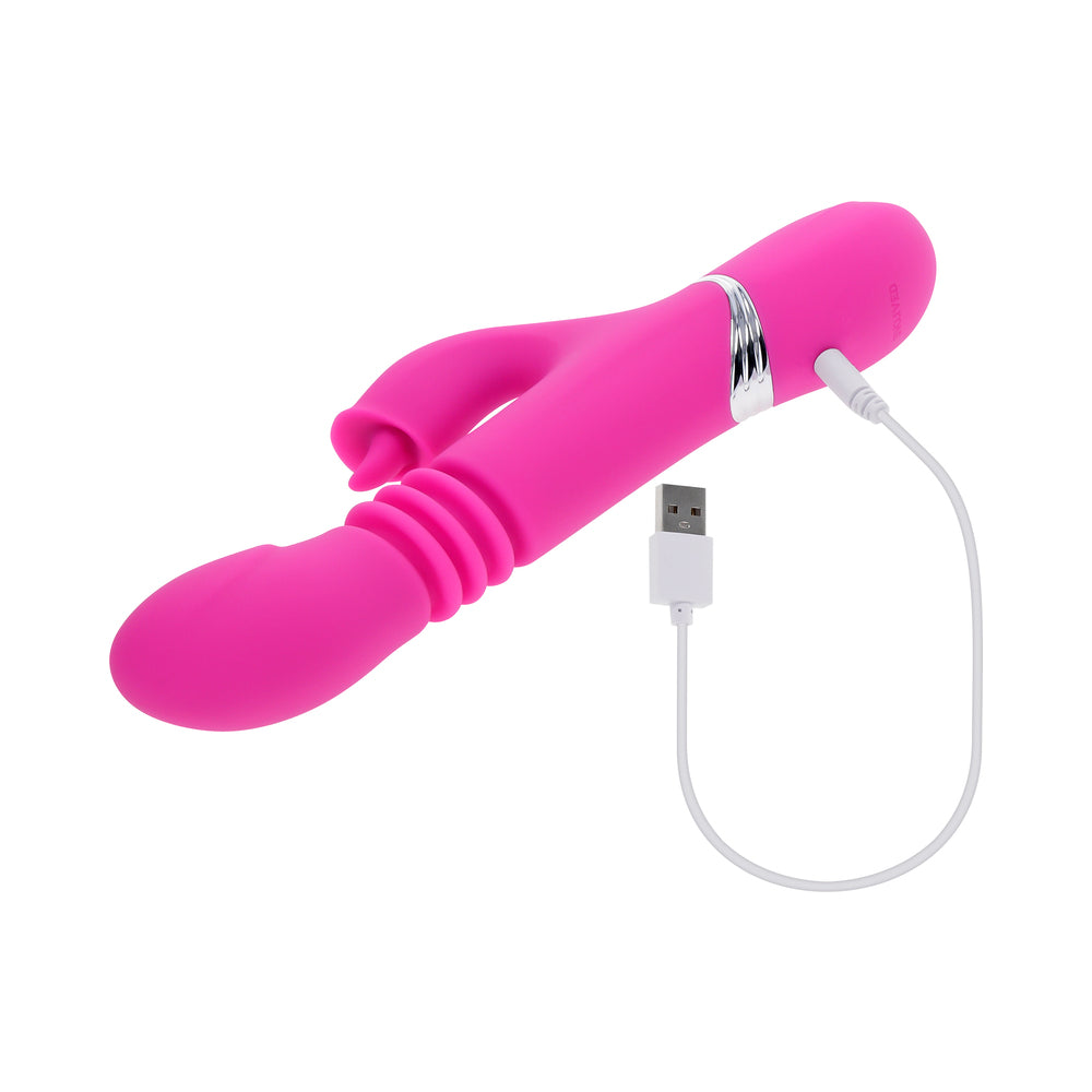 EVOLVED PINK DRAGON RECHARGEABLE THRUSTING DUAL STIMULATOR SILICONE PINK
