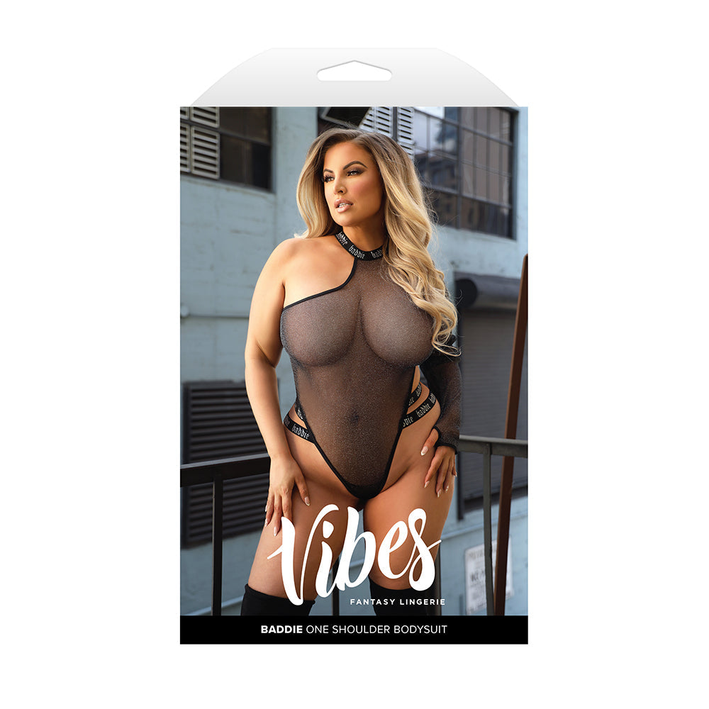 FANTASY LINGERIE - VIBES BADDIE ONE SHOULDER LONG SLEEVE GLITTER MESH BODYSUIT QUEEN SIZE