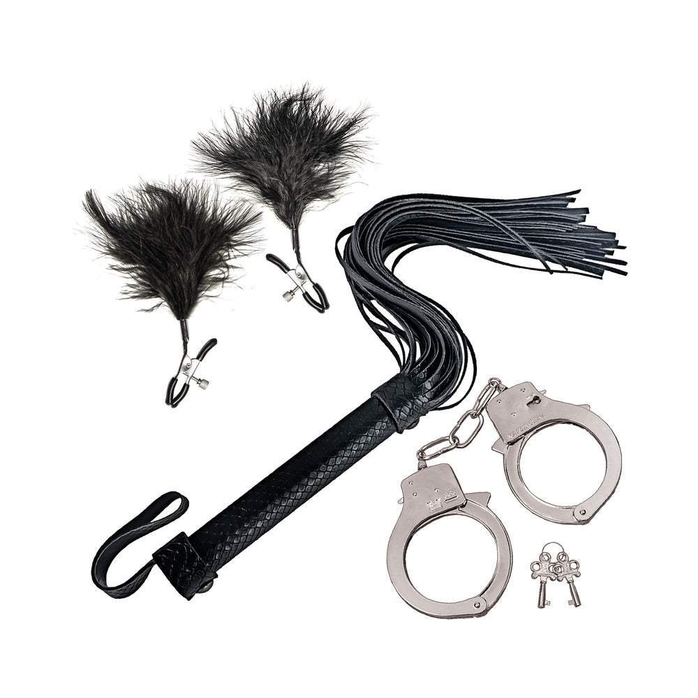 BONDAGE BY NASSTOYS WHIP, FEATHER AND CUFFS BLACK