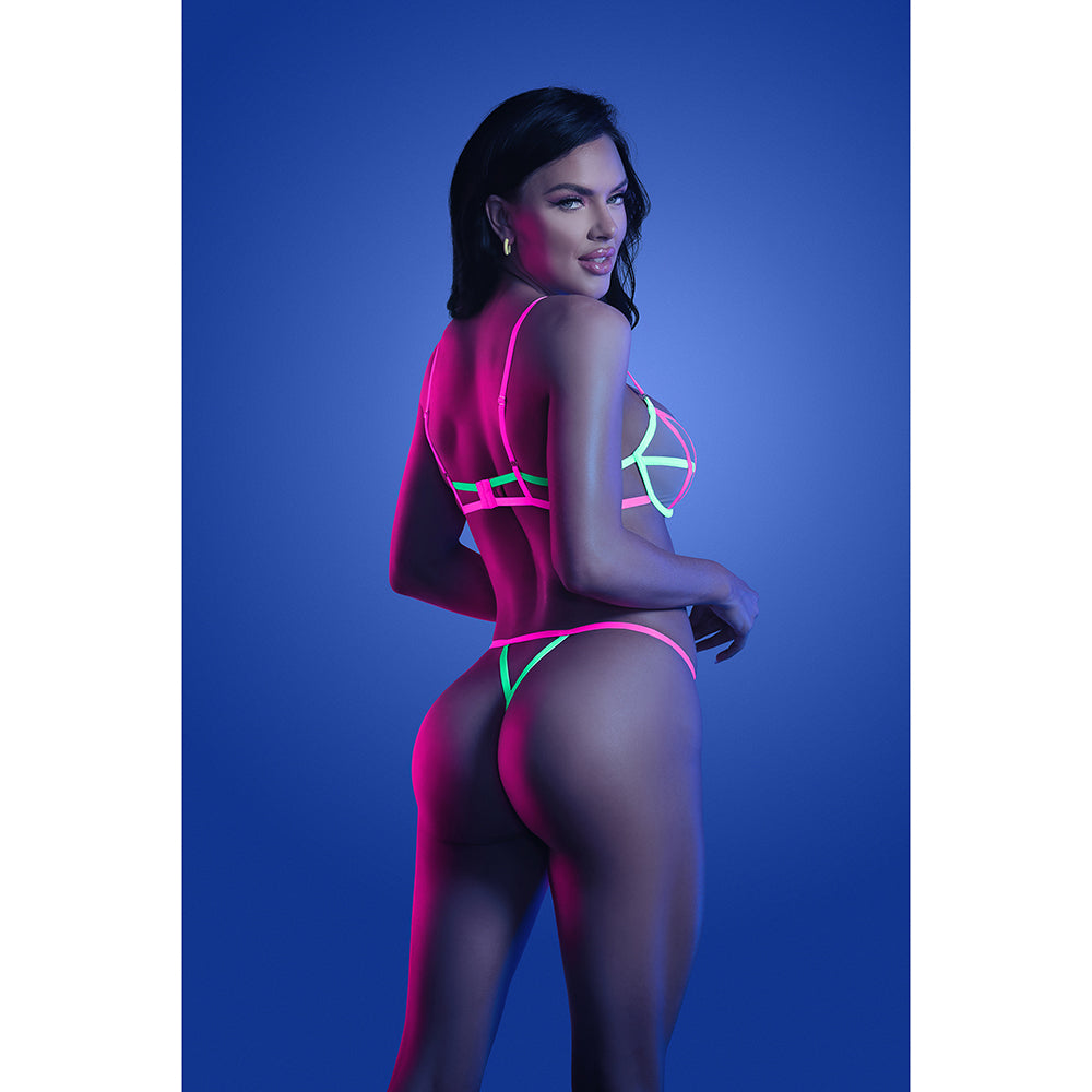 FANTASY LINGERIE GLOW HEAD RUSH UV REACTIVE CONTRAST BINDING BRA & ADJUSTABLE G-STRING L/XL