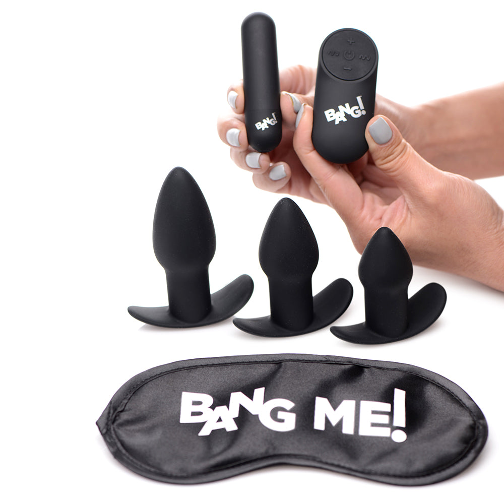 MARCAS XR - CONJUNTO DE TRES TAPONES ANALES BANG! BACKDOOR ADVENTURE, KIT DE BALA Y VENDA NEGRO