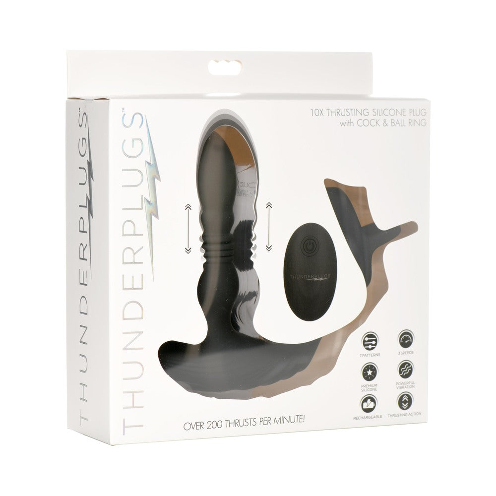 XR BRANDS - THUNDERPLUGS 10X THRUSTING SILICONE VIBRATOR WITH COCK & BALL STRAP & REMOTE