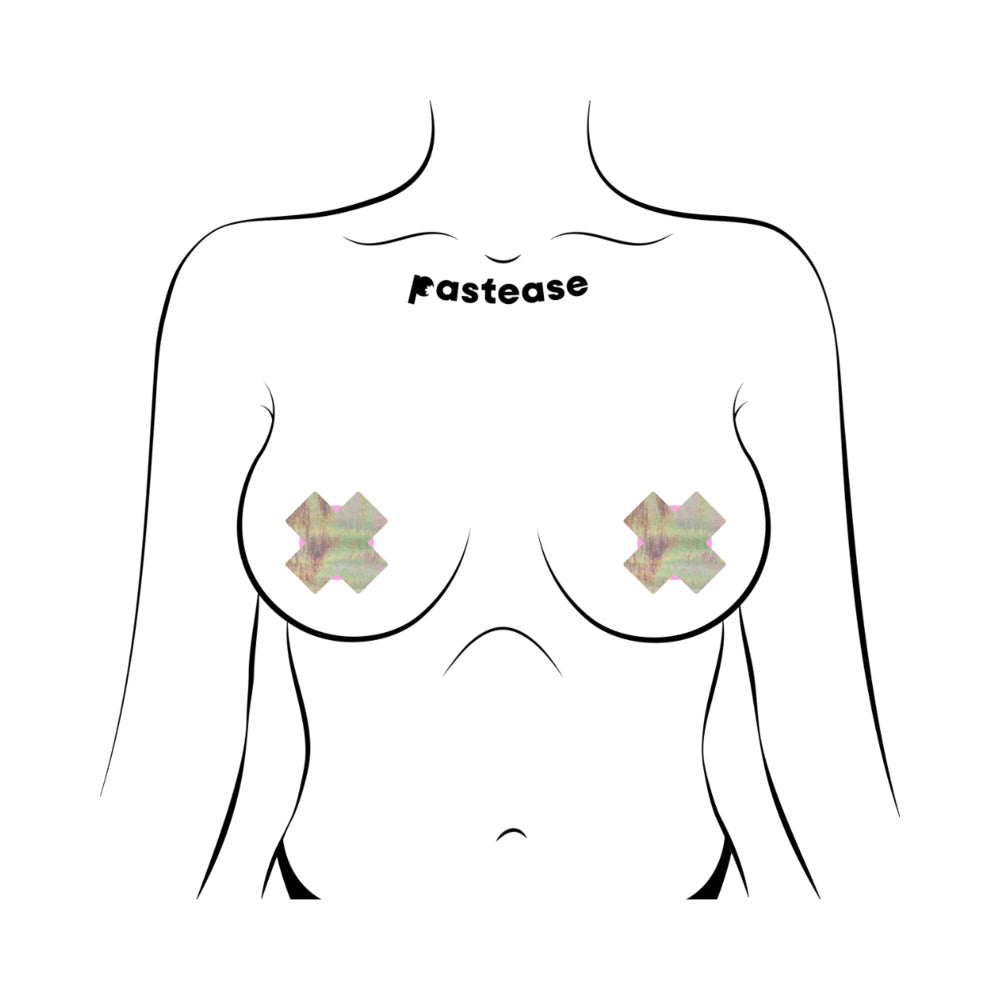 PASTEASE - PETITE PLUS X HOLOGRAPHIC SILVER CROSS NIPPLE PASTIES