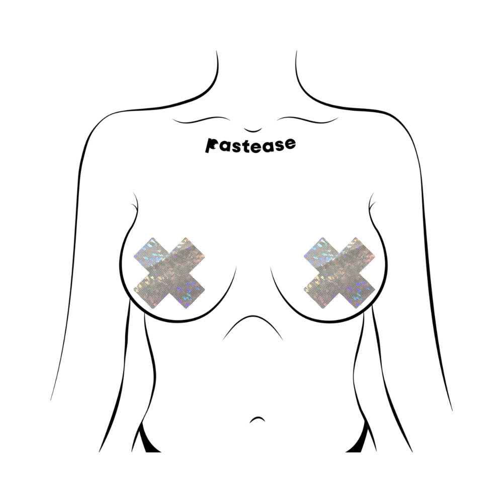 PASTEASE - PLUS X SHATTERED GLASS DISCO BALL GLITTER WHITE CROSS NIPPLE PASTIES