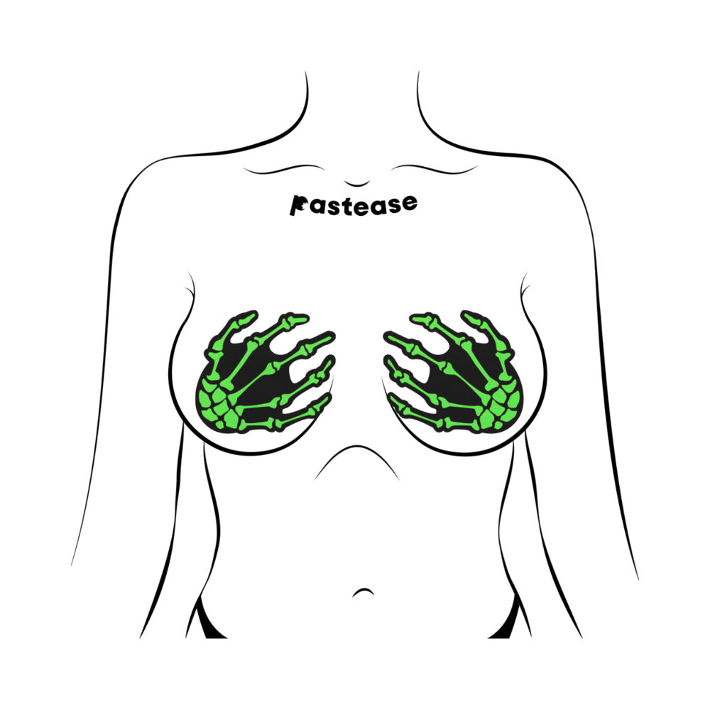 PASTEASE - ZOMBIE NEON GREEN/UV REACTIVE BONEY HANDS NIPPLE PASTIES