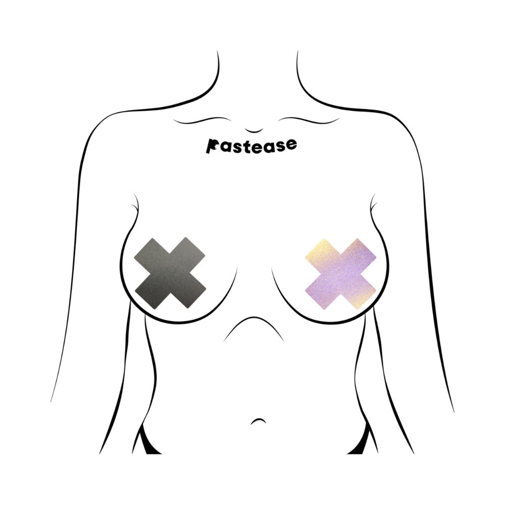 PASTEASE PLUS X REFLECTIVE GUN METAL GREY CROSS NIPPLE PASTIES
