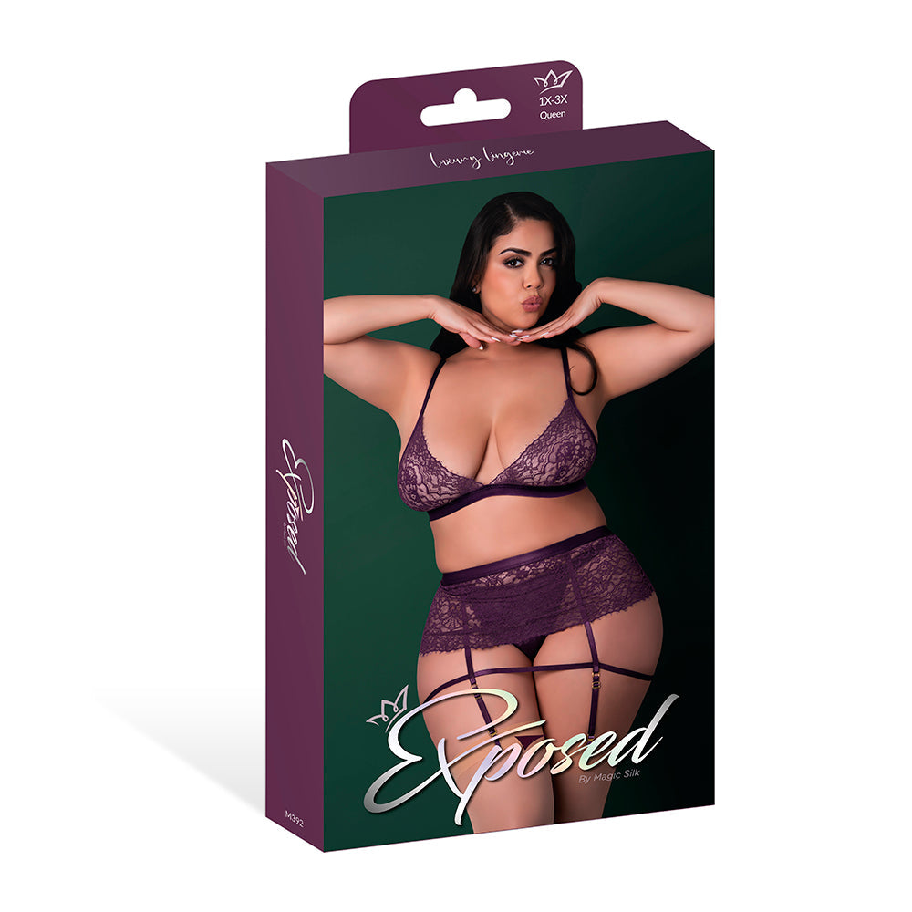 MAGIC SILK LEATHER & LACE BRALETTE, GARTER SKIRT & THONG SET PLUM QUEEN SIZE