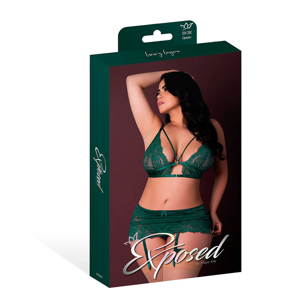 MAGIC SILK EVERMORE BRALETTE, GARTER SKIRT & THONG SET EMERALD QUEEN SIZE