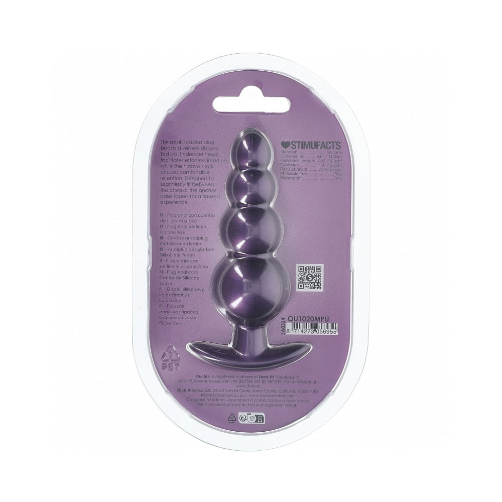 OUCH! SMOOTH SILICONE BEADED ANAL PLUG 4.6 IN. METALLIC PURPLE