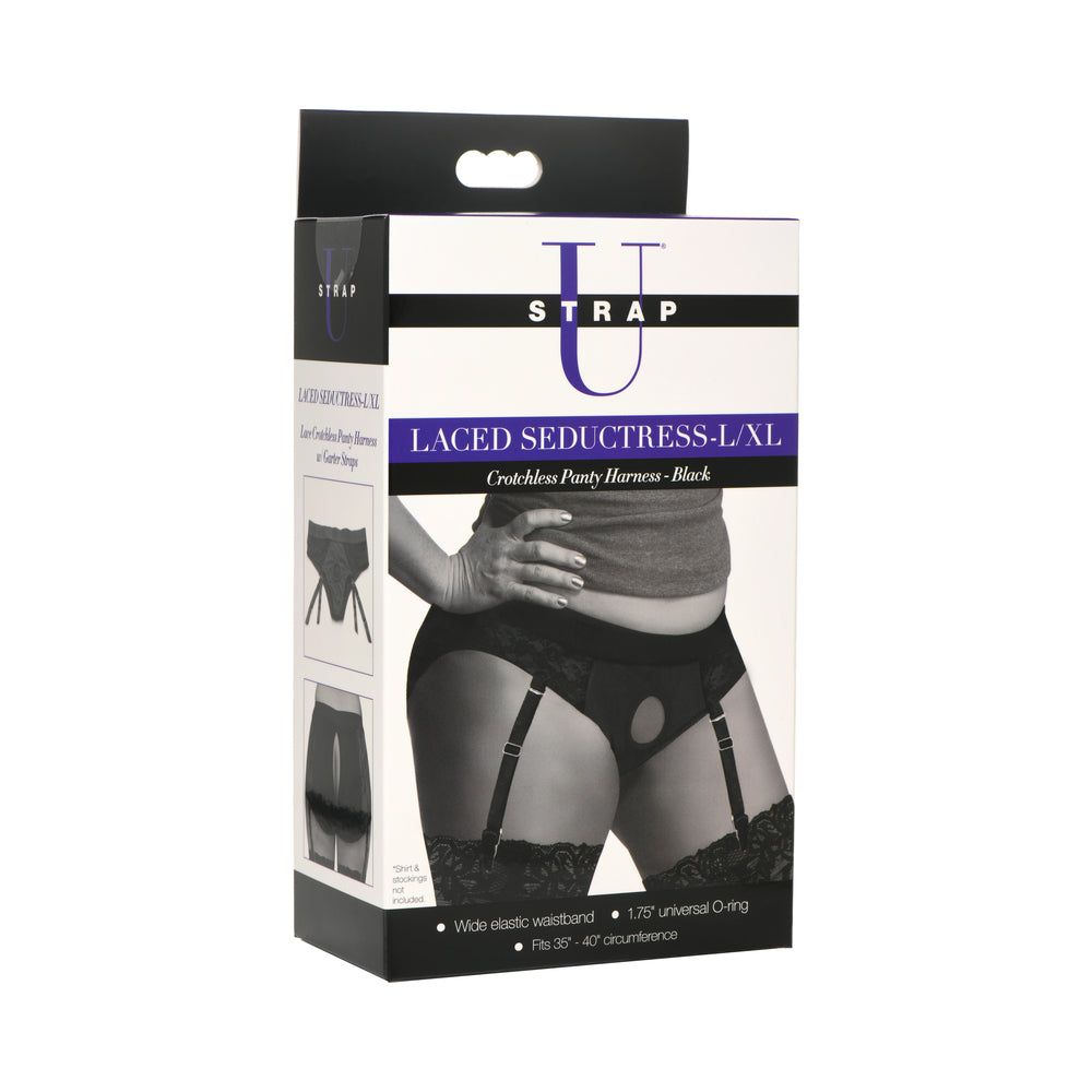 XR BRANDS - STRAP U LACED SEDUCTRESS LACE CROTCHLESS PANTY HARNESS & GARTER STRAPS
