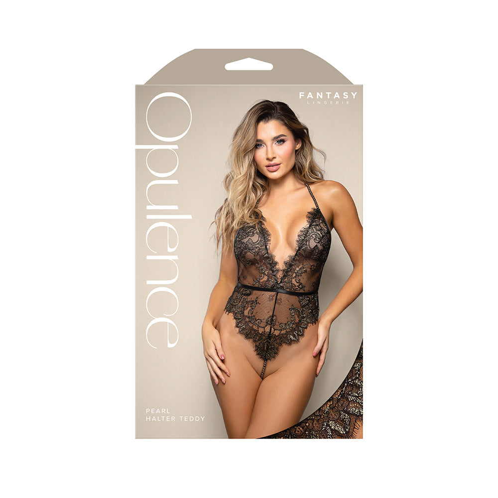 FANTASY LINGERIE - OPULENCE SHIMMER LACE PEARL HALTER TEDDY WITH OPEN BACK & PEARL STRING CROTCH L/XL