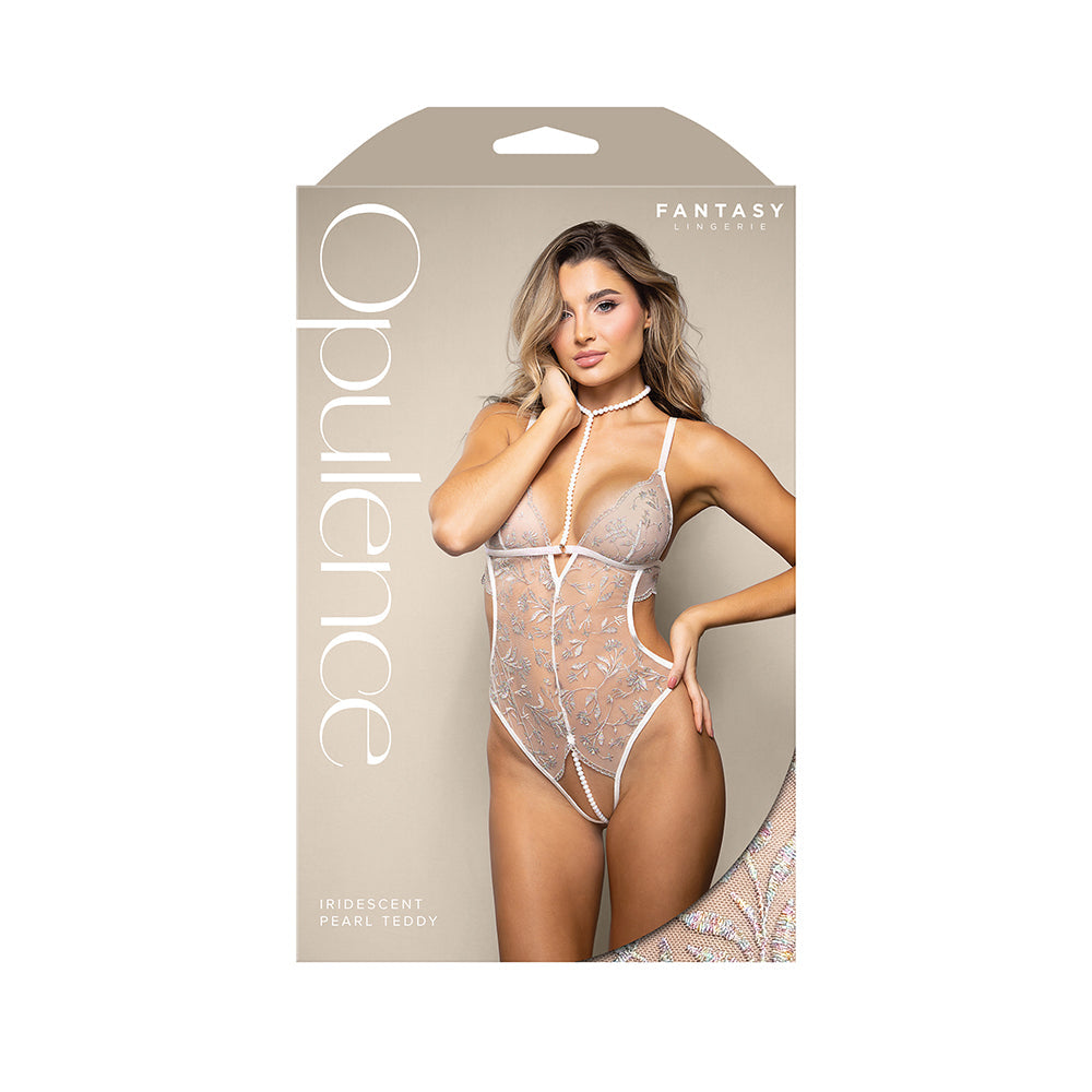 FANTASY LINGERIE - OPULENCE METALLIC EMBROIDERED TEDDY WITH PEARL HARNESS & OPEN PEARL CROTCH
