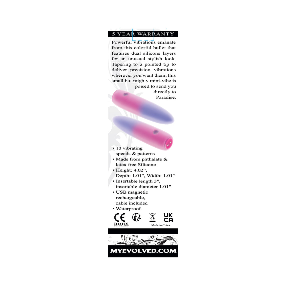 EVOLVED - BALA VIBRADORA RECARGABLE DE SILICONA DE DOBLE CAPA PARADISE BULLET ROSA/PÚRPURA