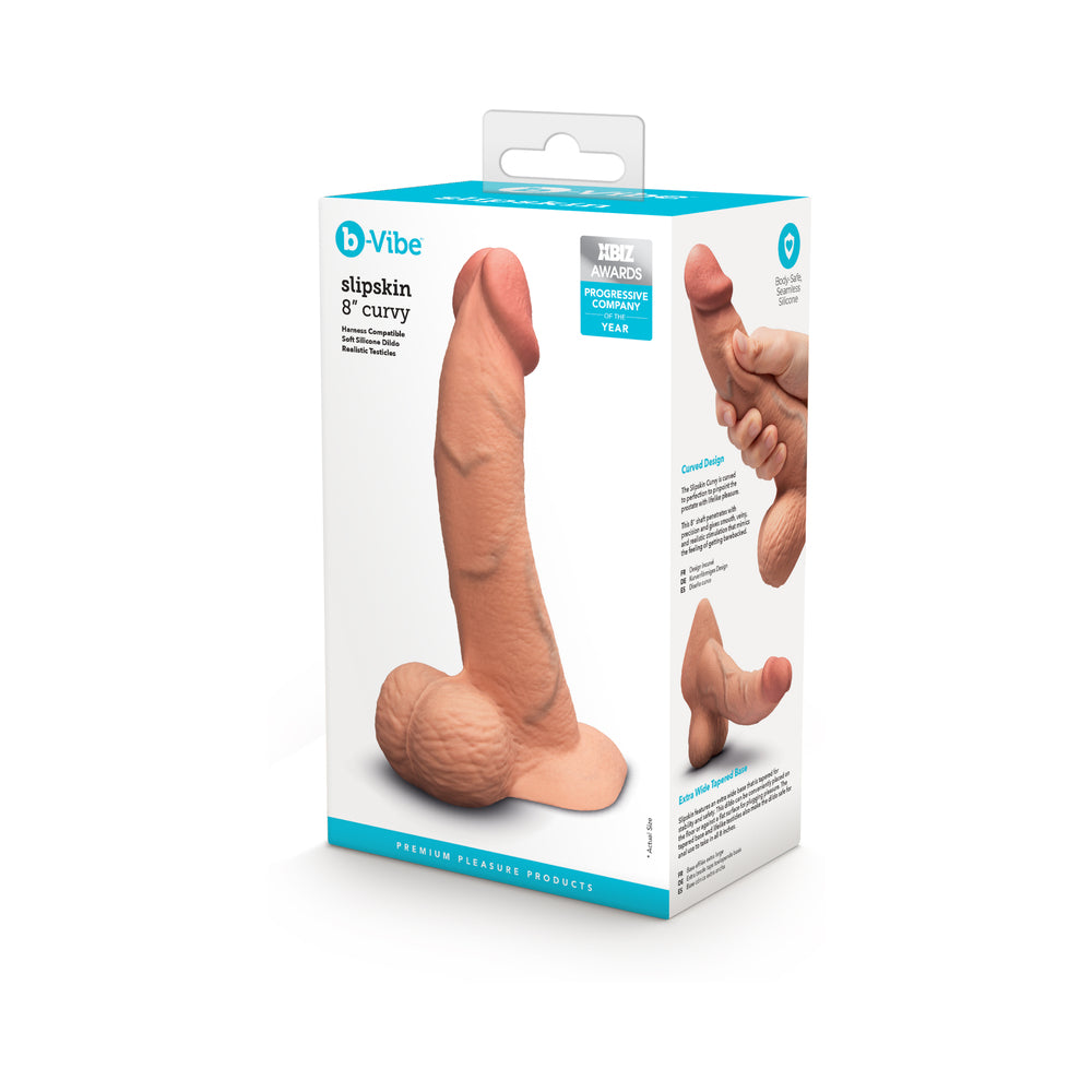 B-VIBE SLIPSKIN REALISTIC SILICONE DILDO 8 IN. CURVED MOCHA