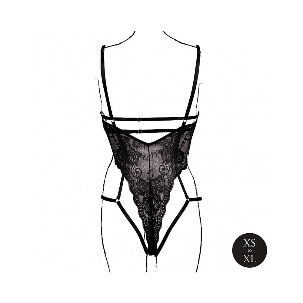 LE DESIR LACE UNDERWIRED OPEN CUP BODYSUIT WITH ADJUSTABLE SLIDERS BLACK O/S