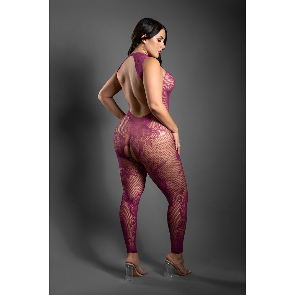 FANTASY LINGERIE SHEER ENDLESS EMBRACE CROTCHLESS FLORAL KNIT BODYSTOCKING OPEN BACK MAGENTA QUEEN SIZE