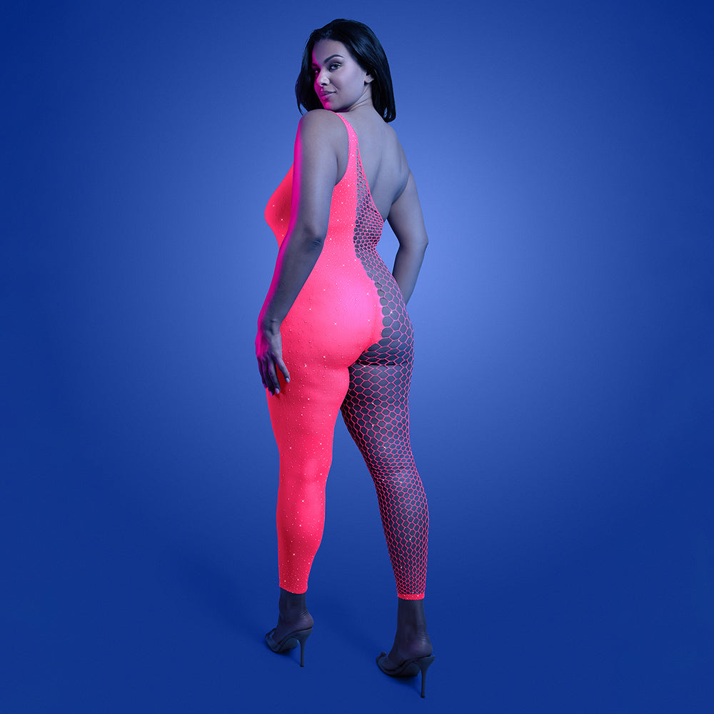 FANTASY LINGERIE GLOW HYPERDRIVE UV REACTIVE RHINESTONE BODYSTOCKING QUEEN SIZE