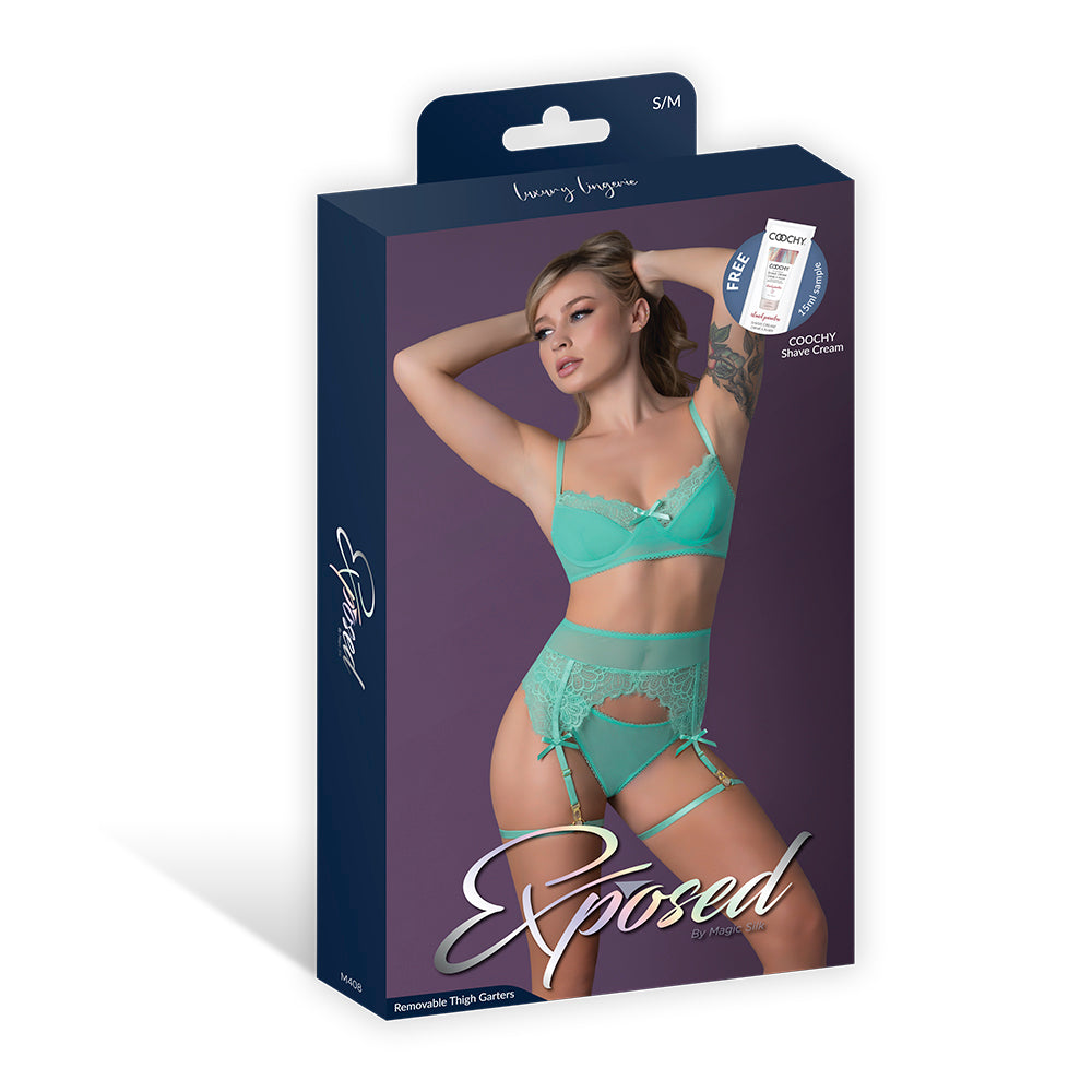 MAGIC SILK CARIBBEAN CRUSH DEMI BRA & THONG WITH GARTER SET AQUA GLOW S/M