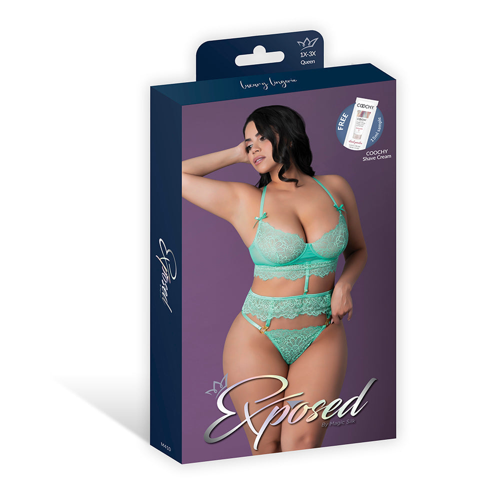 MAGIC SILK CARIBBEAN CRUSH DEMI LONGLINE BRA & PANTY WITH FLOUNCE AQUA GLOW QUEEN SIZE