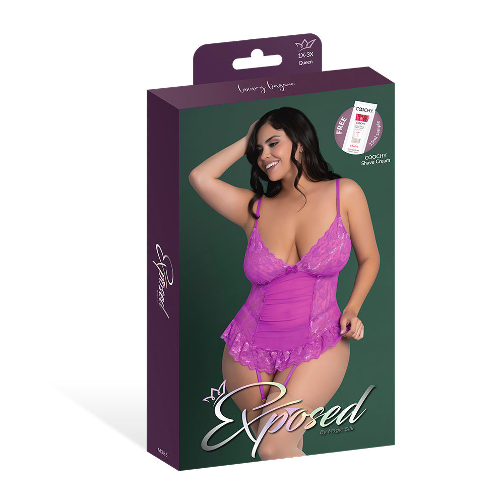 MAGIC SILK BUTTERFLY FANTASIES BASQUE & CHEEKY PANTY SET NEON PURPLE QUEEN SIZE