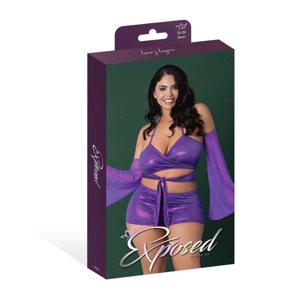 MAGIC SILK GLIMMER WRAP BRALETTE, BOOTY SHORTS & SLEEVE SET PURPLE DISCO QUEEN SIZE