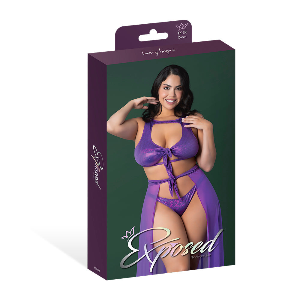 MAGIC SILK GLIMMER HIGH NECK CROP TOP, FLOWY SKIRT & TANGA SET PURPLE DISCO QUEEN SIZE