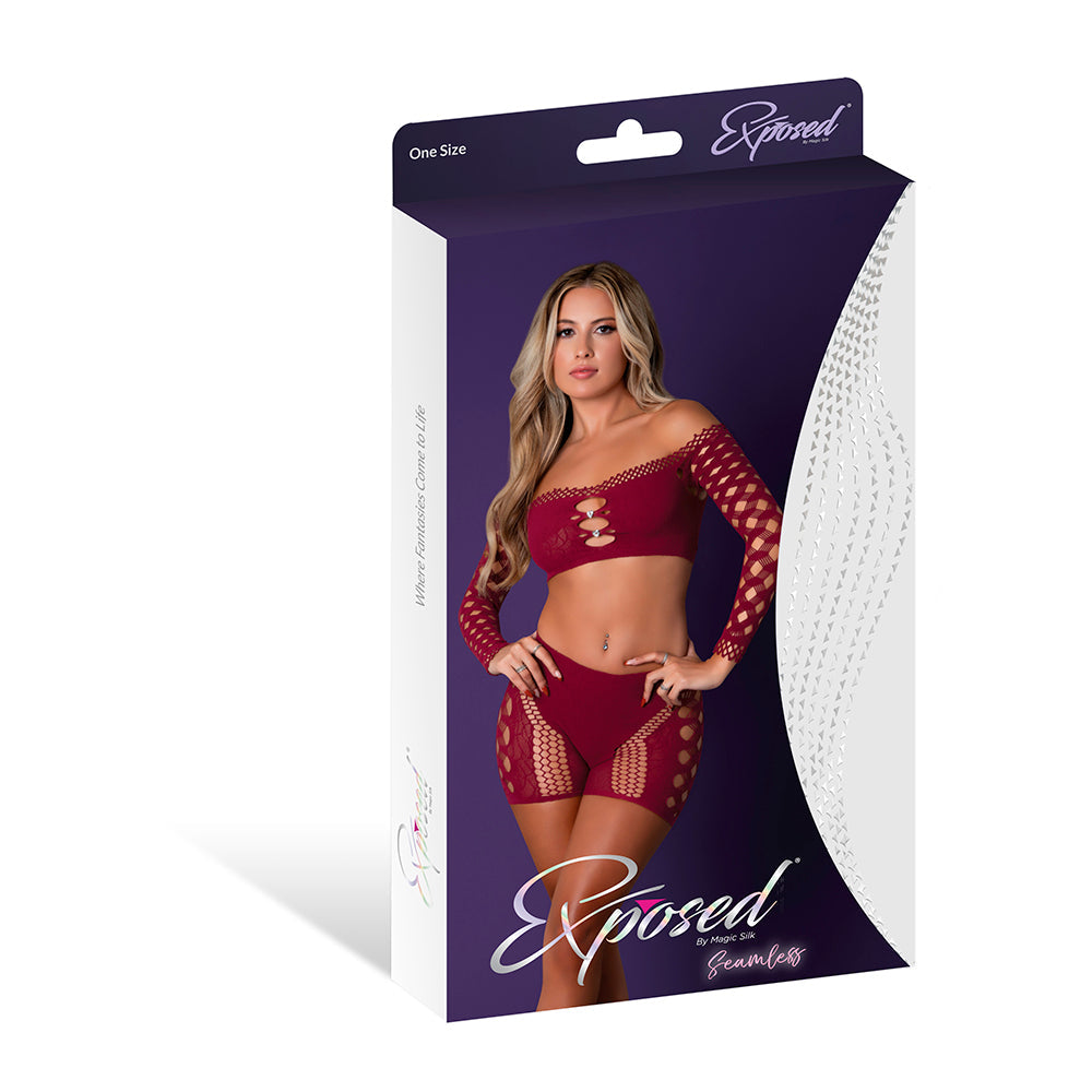 MAGIC SILK SEAMLESS CROP TOP & SHORT SET BURGUNDY O/S