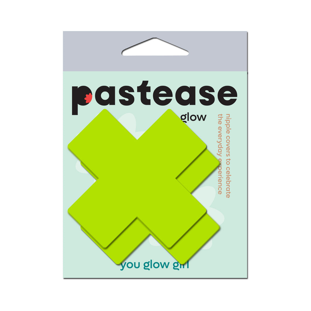 PASTEASE PLUS X: GLOW-IN-THE-DARK NEON YELLOW CROSS PASTIES NIPPLE COVERS